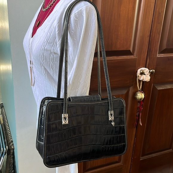 Brighton  Vintage  Croc embossed  Gen. leather   Shoulder bag  navy / black  EUC - Picture 3 of 14